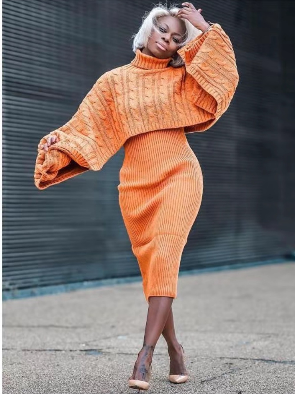 Rust Orange Cable-Knit Crop Sweater with Ribbed Knit Midi Skirt Set